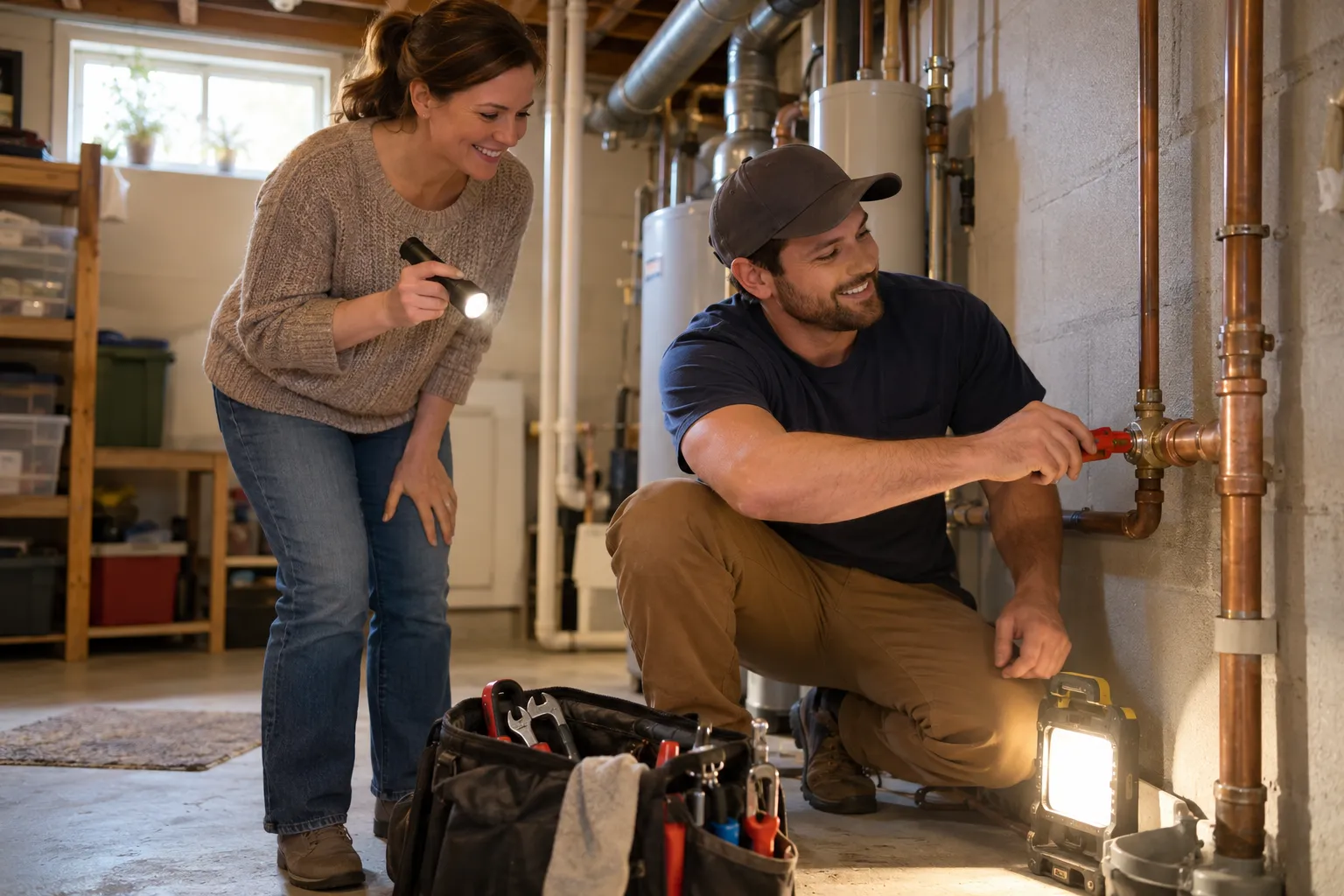A friendly local plumber kneeling beside a shutoff valve in a home basement while a homeowner looks on in the Wixom area