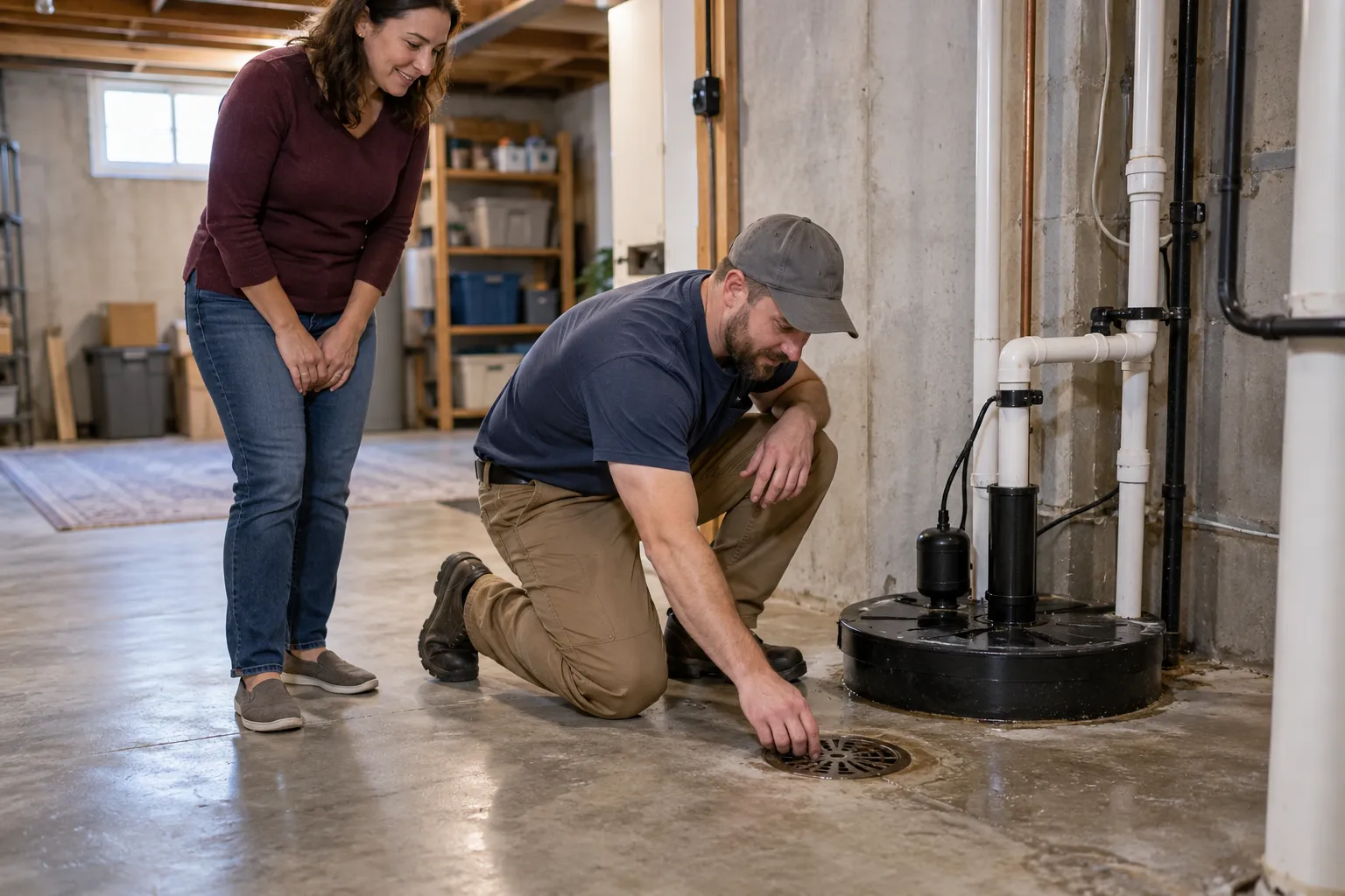 Provider examining a basement floor drain and sump pump near Wixom