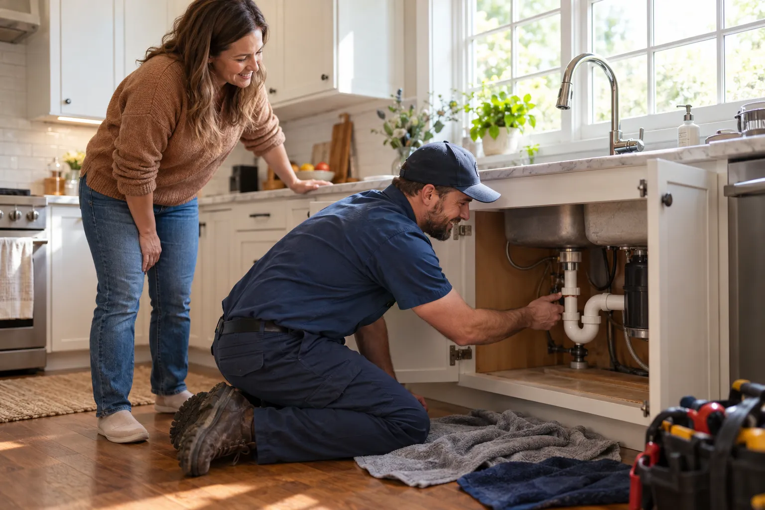 Homeowner and a friendly plumbing provider checking a pipe under a kitchen sink in Wixom
